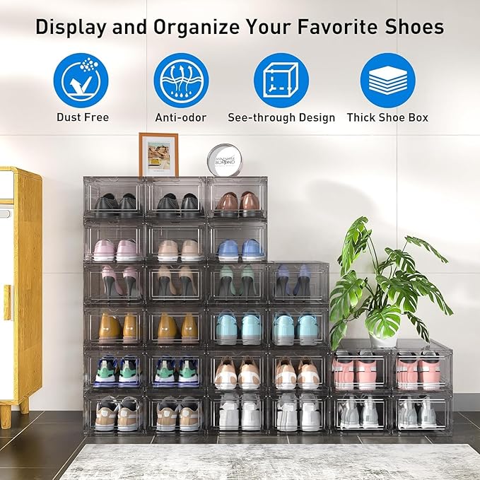 10 Pack Extra XX Large Hard Plastic Clear Stackable Shoe Storage Box Organizer for Closet, Thicken Sturdy Sneaker Shoe Rack Display Case Containers Bins with Lids and Magnetic Door, Grey
