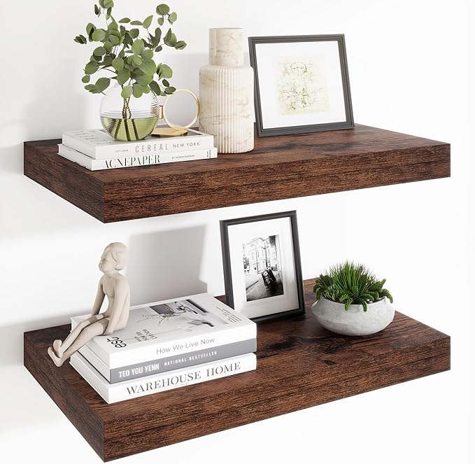 Heimlove 24 x 12 Inch Deep Floating Shelves Wall Mounted with Invisible Brackets,Storage Hanging Shelf for Wall Decor in Bathroom, Bedroom, Kitchen, Living Room, Office Set of 2 (Rustic Brown)