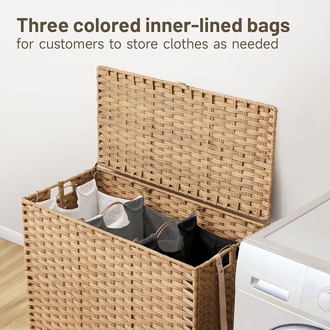 Laundry Hamper with Wheels, 52.8 Gallon(200L) Rolling Laundry Basket with Lid, Removable Large 3 Color Liners & 3 Mesh Laundry Bags, Clothes Hamper with Side Pocket, Natural