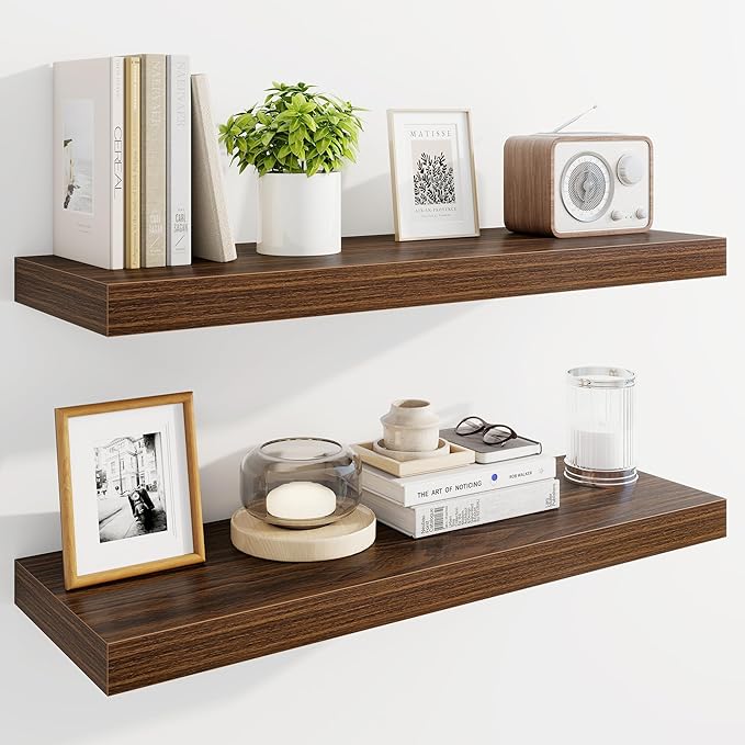 Marsmiles 30" Floating Shelves for Wall, Wooden Shelves with Invisible Brackets Set of 2, Rustic Farmhouse Wall Mounted Shelf for Kitchen Bathroom Living Room Study, Walnut