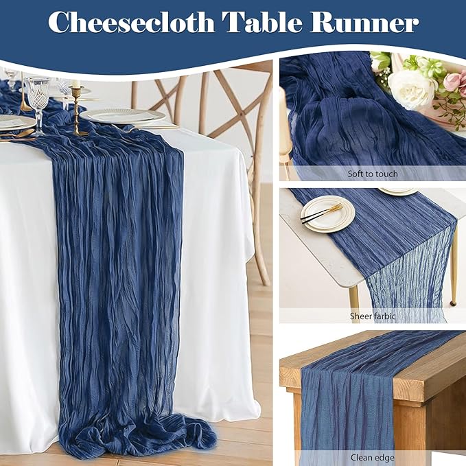 10 Pack 10 Ft Cheesecloth Table Runner Navy Blue Gauze Long Table Runners Boho Gauze Cheese Cloth Table Runner Rustic Sheer Runner for Wedding Party Table Decor ( 35 x 120 Inch )