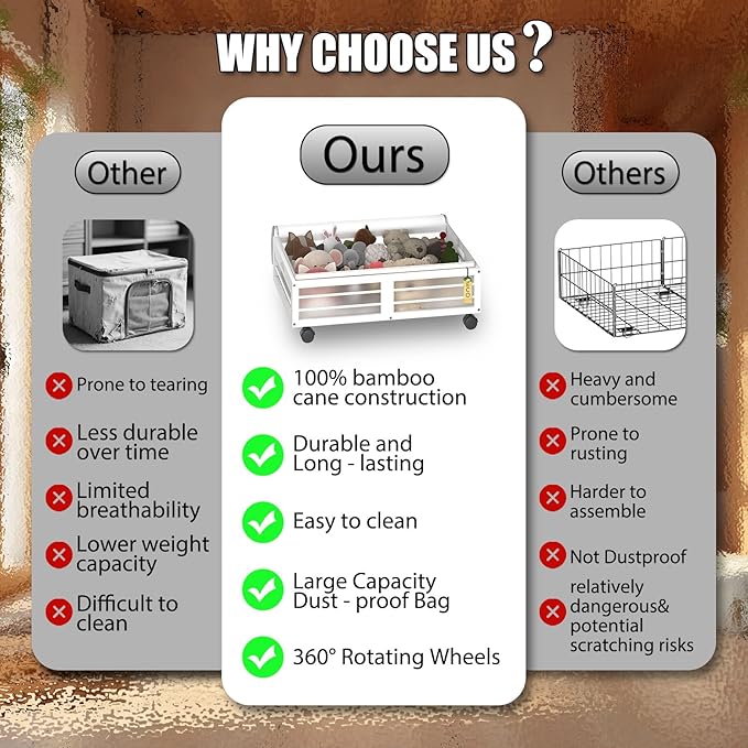 Under Bed Storage Containers with Wheels, Larger Bamboo Wood Under Furniture Storage Containers with Dust Bags，Rolling for Shoes Clothes