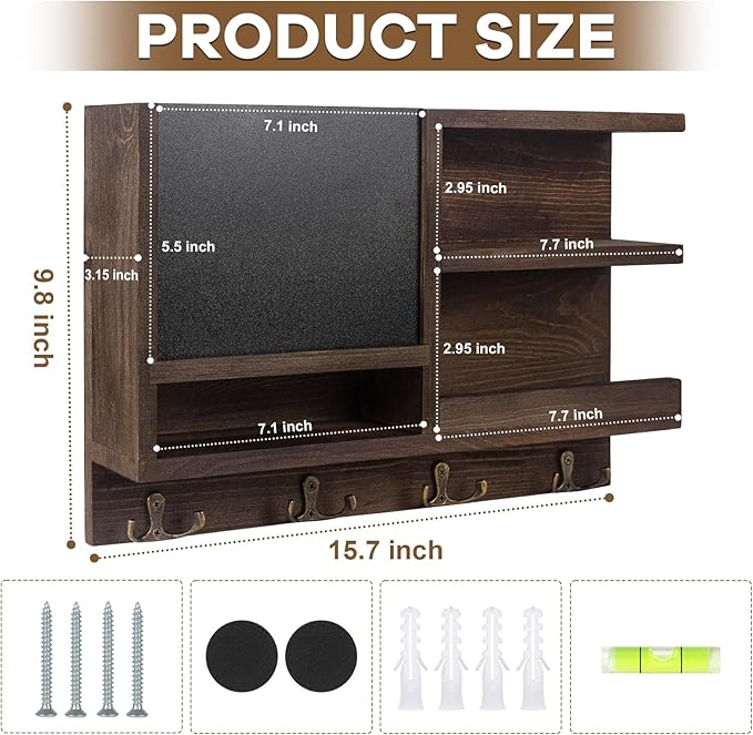 Key Holder for Wall, Mail Organizer Wall Mount with Key Hooks and Chalkboard & Mirror for Sunglasses Storage and Dog Leash Hanger, Decorative with 4 Double Hooks