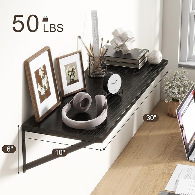 10 Inch Deep Floating Shelves, Black Floating Shelves 30 Inch Long, Rustic Wood Wall Shelves 30"W x 10"D, Deep Floating Shelf with Bracket, Wide Storage Shelves for Books, Living Room, Bathroom