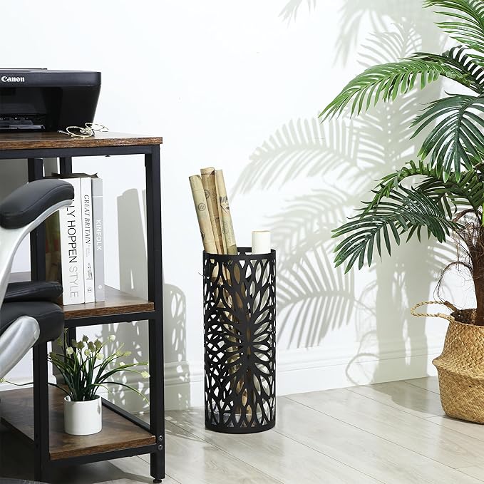 SONGMICS Umbrella Stand, Umbrella Holder for Entryway, Steel Round Umbrella Rack Freestanding, for Canes Walking Sticks, with a Detachable Drip Tray, 2 Long and 2 Short Hooks, Matte Black ULUC022B01