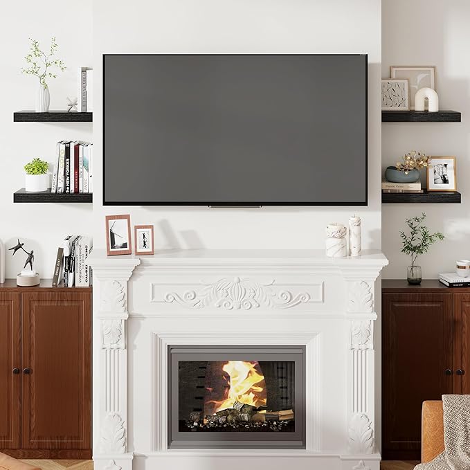 Heimlove 16 Inch Floating Shelves for Wall Black Shelves Set of 2,Wall Mounted Rustic Wood 8 Inch Deep Floating Shelf with Invisible Brackets for Bedroom Kitchen Living Room