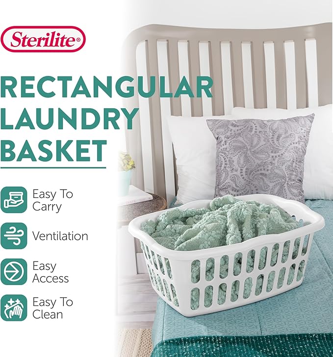 Sterilite 24-Pack Rectangular Laundry Basket, Plastic Clothes Hamper, 1.5 Bushel, White - Dirty Clothing Storage Organizer with Handles for Bedroom, Bathroom, and Closet