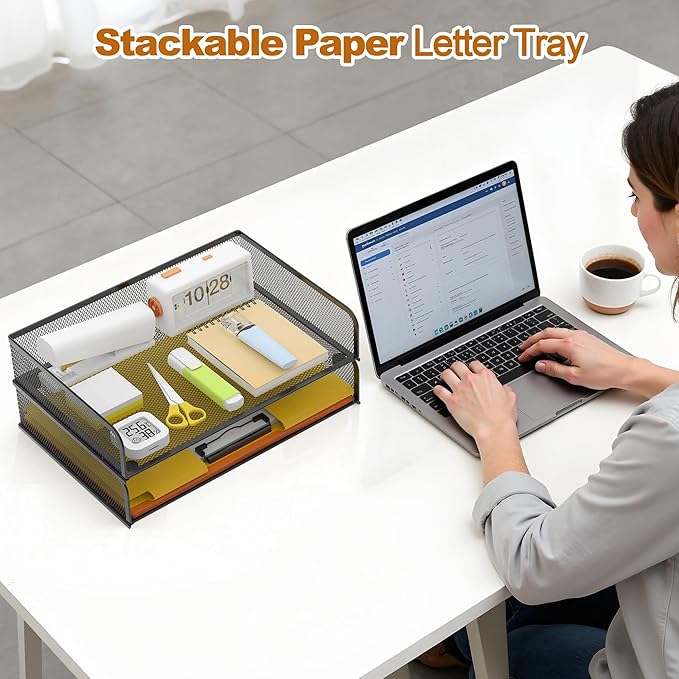 YINGHUA 2-Pack Metal Mesh Stackable Paper Letter Trays Organizer for Classroom,Office Desk File Sorter Holder Organizer Storage Box for Letter/A4 Size Folder Documents-Black