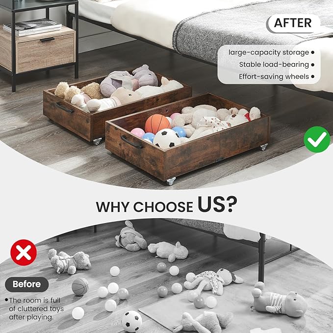 Under Bed Storage with Wheels, 2-Pack Under Bed Shoe Storage Organizer Drawer, Composite Wood Organizer for Shoes Clothes Containers in Bedroom for Clothes,Shoes(Brown)