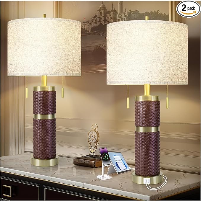 Woven Leather Table Lamps Set of 2, Lamps for Night Stands, 25" Bedside Lamps with USB A+C Ports, Linen Shade, Modern Table Lamps for Bedroom Living Room Office Reading(Bulb Included)