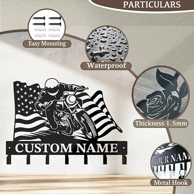 Custom Motorcycle Garage Metal Wall Hooks,Key Holder-Personalized Iron Wall Decor for Keys, Coats & Home (Black, Handmade,Decorative,Entryway, Bedroom,Man Cave) (Style F)