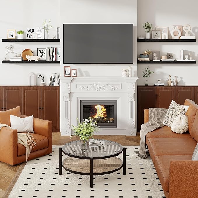 Heimlove 48 Inch Floating Shelves for Wall 8 Inch Deep Black Shelves Set of 2,Wall Mounted Rustic Wood Long Floating Shelf，Large Display & Storage Shelf with Invisible Brackets