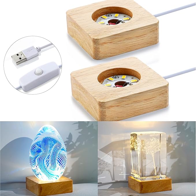 ZEERSHEE Pack 2 Wooden LED Light Display Base 2.3in Crystal Glass Light Base Stand Wood LED Display Stand for 3D Crystal Laser Glass Resin Art Warm Light Square USB Only