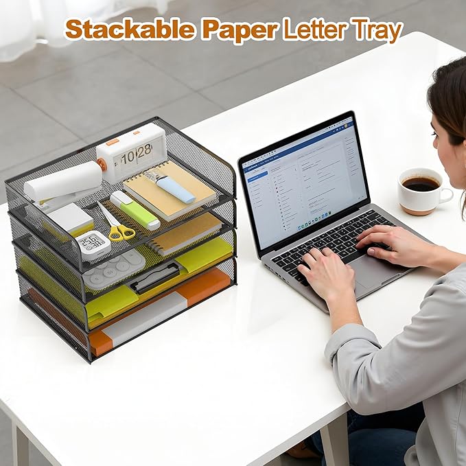 YINGHUA 4-Pack Metal Mesh Stackable Paper Letter Trays Organizer for Classroom,Office Desk File Sorter Holder Organizer Storage Box for Letter/A4 Size Folder Documents-Black