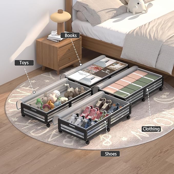 Under Bed Storage Containers with Wheels, Larger Bamboo Wood Under Furniture Storage Containers with Dust Bags，Rolling for Shoes Clothes