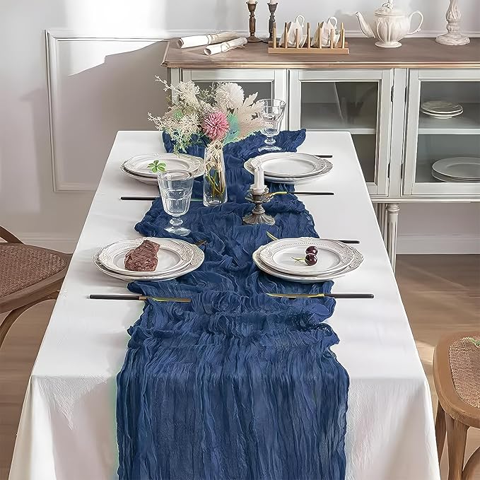 10 Pack 10 Ft Cheesecloth Table Runner Navy Blue Gauze Long Table Runners Boho Gauze Cheese Cloth Table Runner Rustic Sheer Runner for Wedding Party Table Decor ( 35 x 120 Inch )