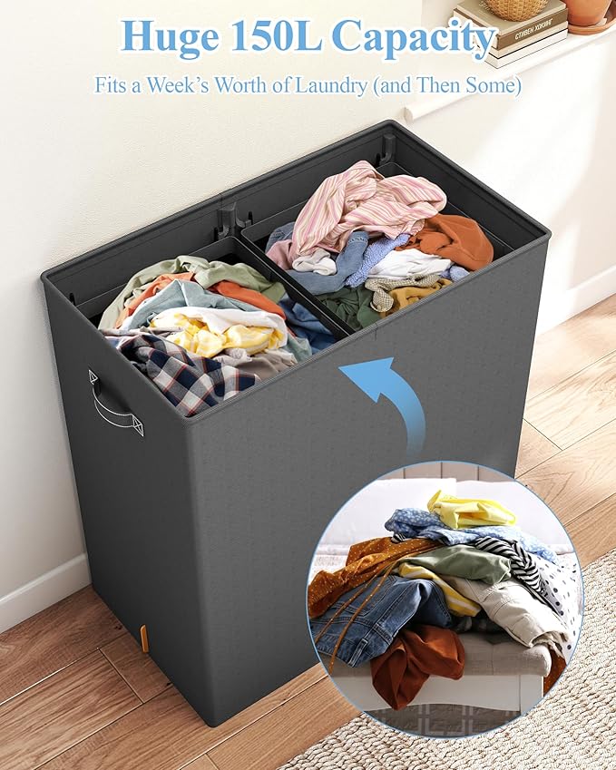 YECAYE 150L Extra Large Laundry Hamper with Lid – Foldable Double Laundry Hamper with Removable Liner – 2 Section Clothes Basket, Dirty Clothes Basket for Bedroom, Bathroom, Laundry Room,Grey