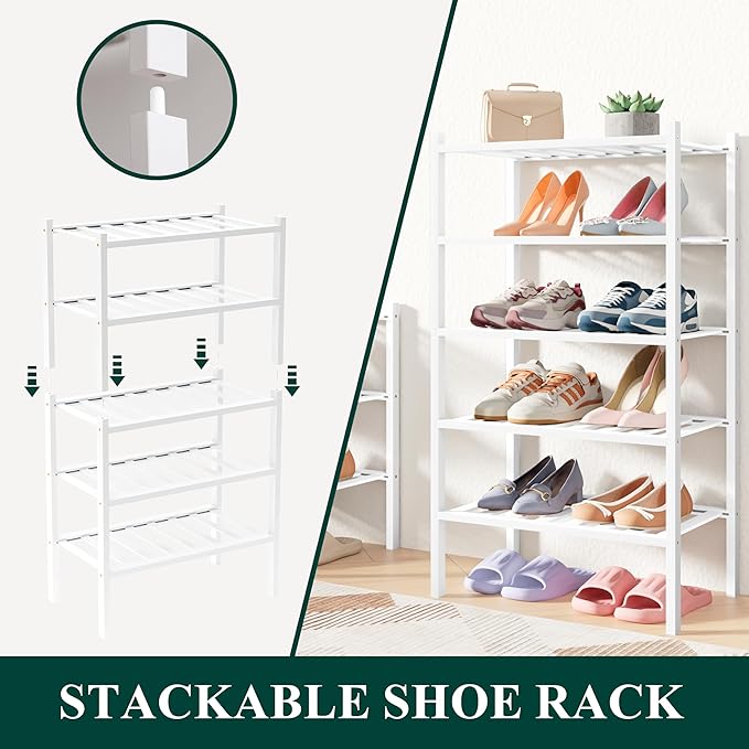 Smiry Bamboo Shoe Rack for Closet, 5 Tier Long Wooden Stackable Shoe Organizer, Free Standing Shoes Storage Shelf for Entryway, Front Door Entrance, White