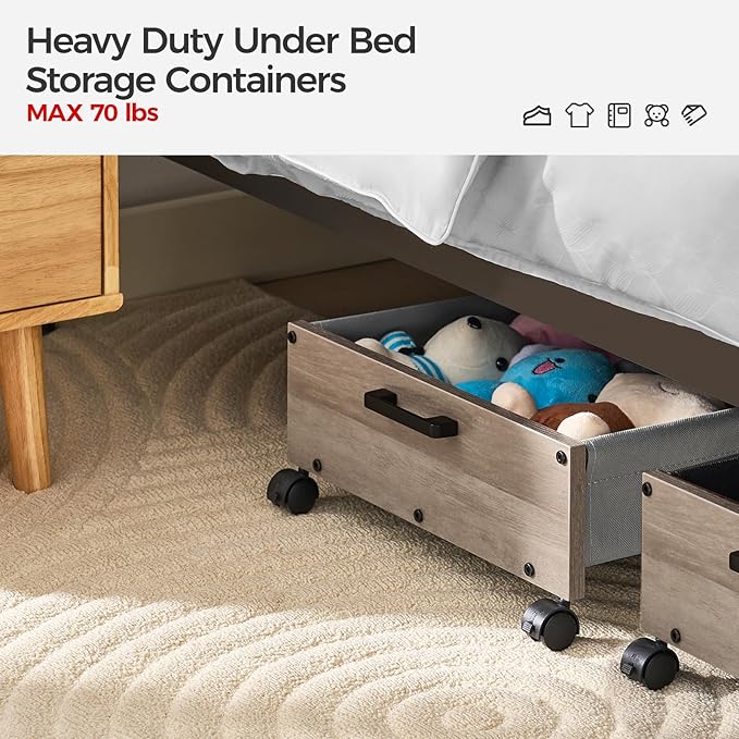 Under Bed Storage with Wheels, Wooden Under Bed Drawers On Wheels, Rolling Under Bed Shoe Storage, Space Saving,Grey,50L