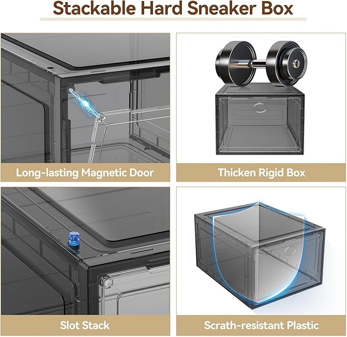 XX Large Clear Shoe Storage Box Organizer for Closet, 9 Pack Thicken Hard Plastic Stackable Shoe Sneaker Rack Display Case Container Bins Organizer, Easy Assembly, Grey