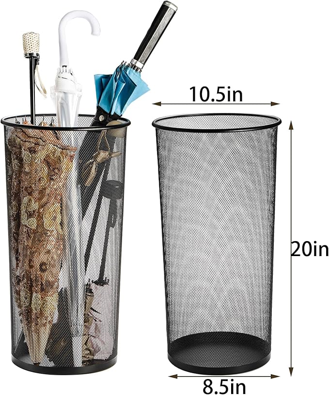 Youeon 2 Pack Large Umbrella Holder, 10.5x20 Inch Metal Mesh Umbrella Stand, Freestanding Bucket for Umbrellas, Canes, Walking Sticks, Wrapping Paper, Entryway, Home, Office, Hotel, Black