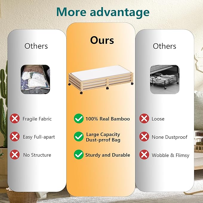 Wisuce Bamboo Under Bed Storage Containers- Underbed Organizer with Wheels with Large Dust Bag,Sturdy Wood Rolling Under the Bed Shoe Storage Organizer Drawer 2 Packs (Nature, Long)