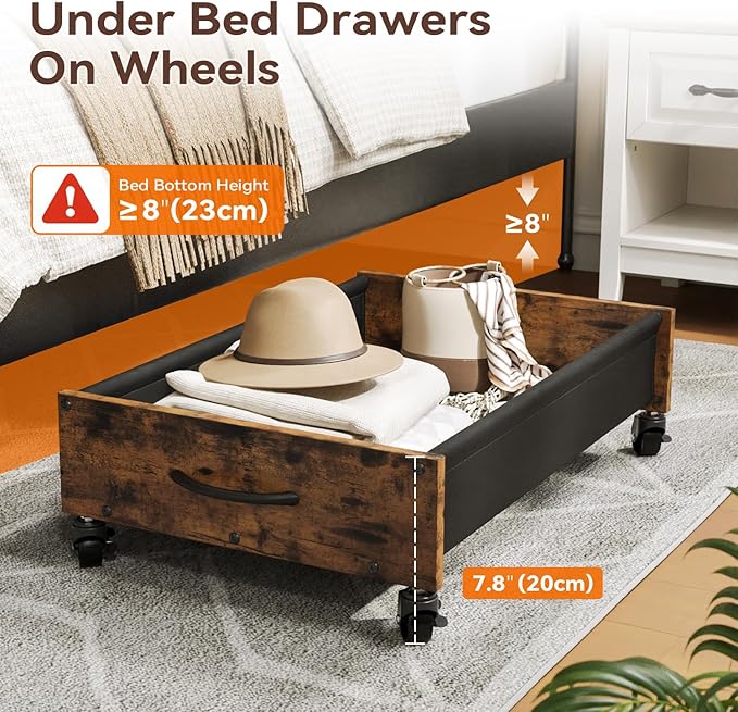 Under Bed Storage with Wheels, Under Bed Storage Drawers on Wheels, Metal Frame Under Bed Shoe Storage, Space-Saving for Bedroom Closet Organization