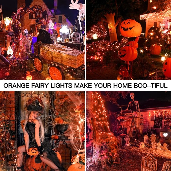 suddus Orange Halloween Fairy Lights Battery Operated, 66ft 200 LED Copper Wire Twinkle Lights Waterproof, String Lights with Remote for Bedroom, Party, Yard, Door, Garland, Tree Decorations