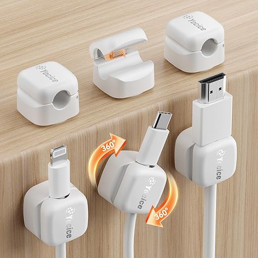 6 Pack Rotatable Cord Organizer,Spring Cable Clips Desk Cable Management Cord Holder Adhesive Phone Charger Cord Clips for Home Office Car Wall Nightstand Accessories White