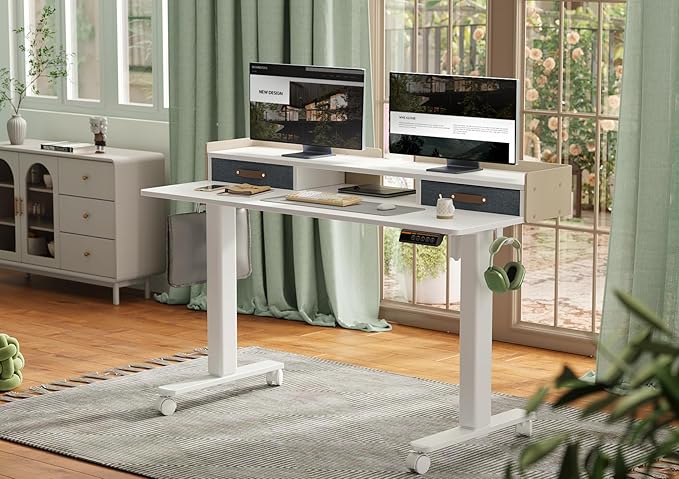 YDN Standing Desk with Drawers, 55 Inch Standing Desk Adjustable Height, Adjustable Electric Stand Up Sit Stand Small Desks with Storage and Shelf, White