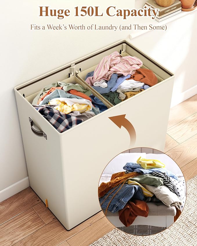 YECAYE 150L Extra Large Laundry Hamper with Lid – Foldable Double Laundry Hamper with Removable Liner – 2 Section Clothes Basket, Dirty Clothes Basket for Bedroom, Bathroom, Laundry Room,Beige