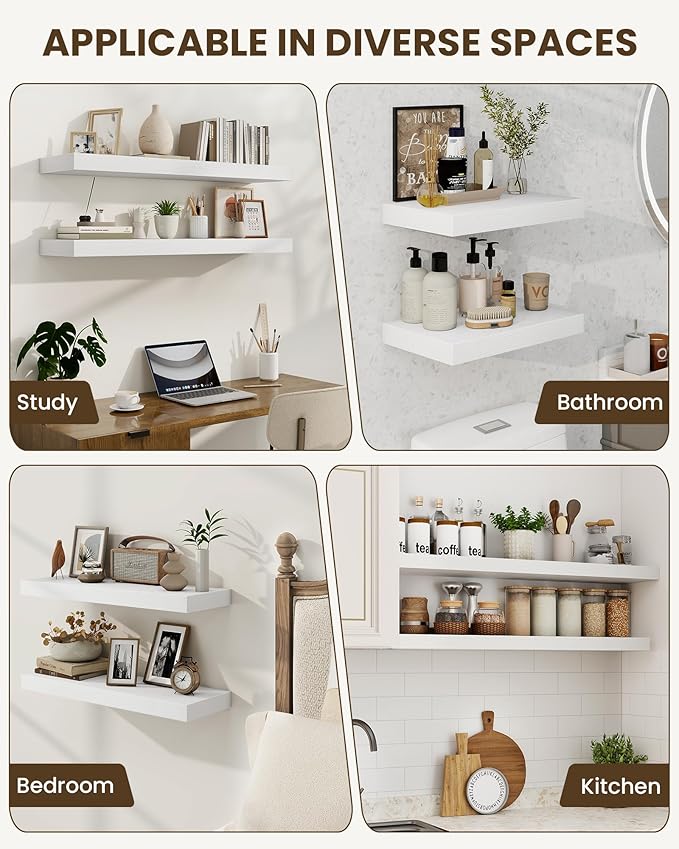 Marsmiles 40" Floating Shelves for Wall, Wooden Shelves with Invisible Brackets Set of 2, Rustic Farmhouse Wall Mounted Shelf for Kitchen Bathroom Living Room Study, White