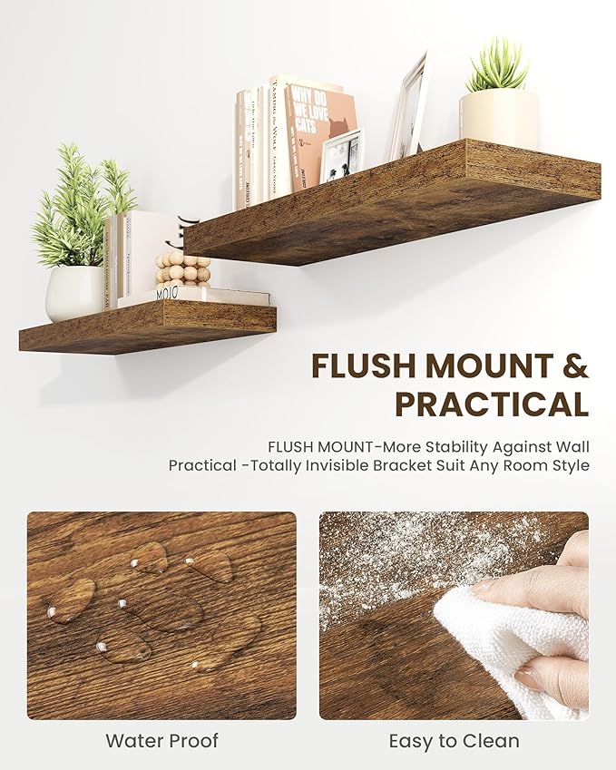 Marsmiles 32" Floating Shelves for Wall, Wooden Shelves with Invisible Brackets Set of 2, Rustic Farmhouse Wall Mounted Shelf for Kitchen Bathroom Living Room Study, Rustic Brown