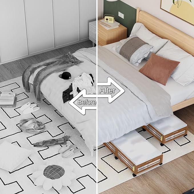 Under Bed Storage Containers with Wheels, Larger Bamboo Wood Under Furniture Storage Containers with Dust Bags，Rolling for Shoes Clothes