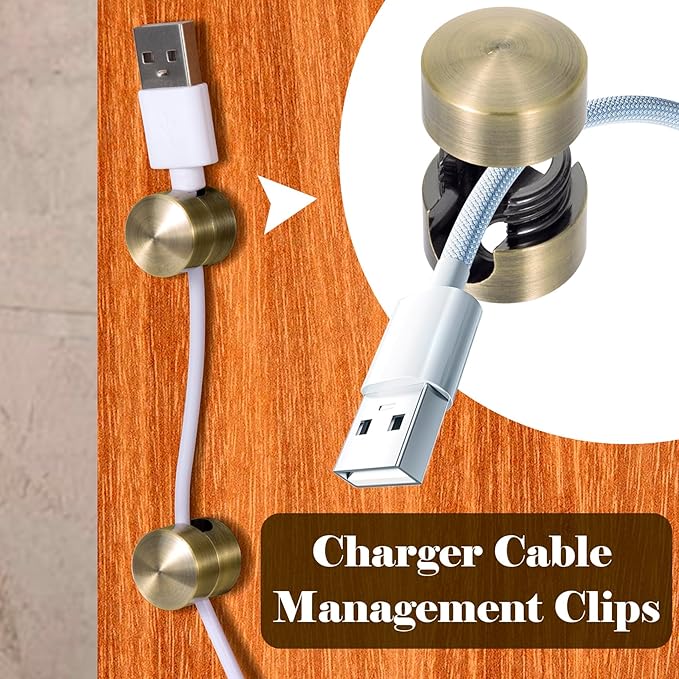 3 Sets Cord Holder Organizer for Nightstands, Adhesive Cable Clips Charger Organizers, Adjustable Metal Cord Holder Wire USB Cable Management for Office Desks Walls- Bronze