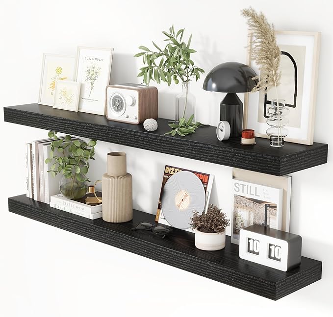 Heimlove 48 Inch Floating Shelves for Wall 8 Inch Deep Black Shelves Set of 2,Wall Mounted Rustic Wood Long Floating Shelf，Large Display & Storage Shelf with Invisible Brackets