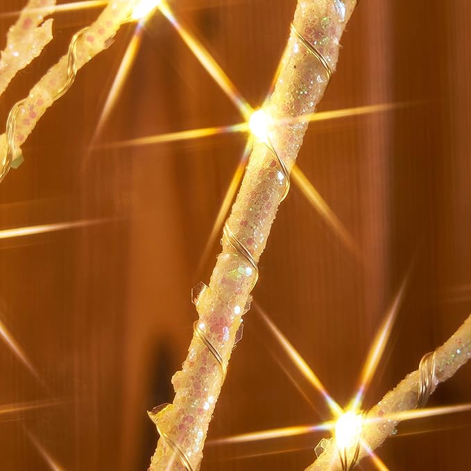 Hairui Lighted Branches with Iredescent Glitter 120 Fairy Lights USB Plug in and Battery Operated with Timer, White Twig Branches with Lights 32IN for Home Christmas Decorations Inside