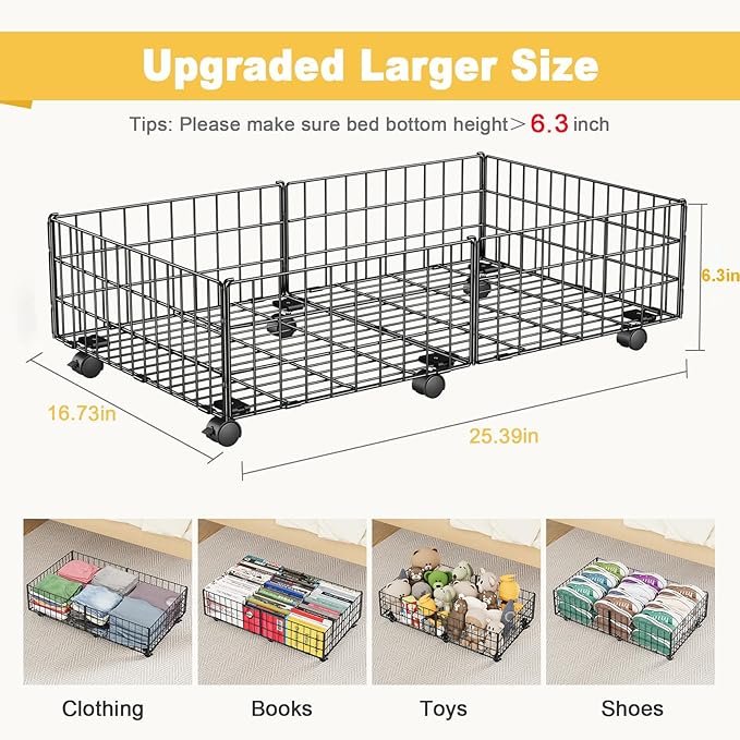 Mr IRONSTONE Under Bed Storage Containers with 6 Wheels | Upgraded Heavy-Duty Metal Frame Holds Up to 80LBS | Space-Saving Rolling Underbed Storage Organizer for Shoes, Clothes & Seasonal Items