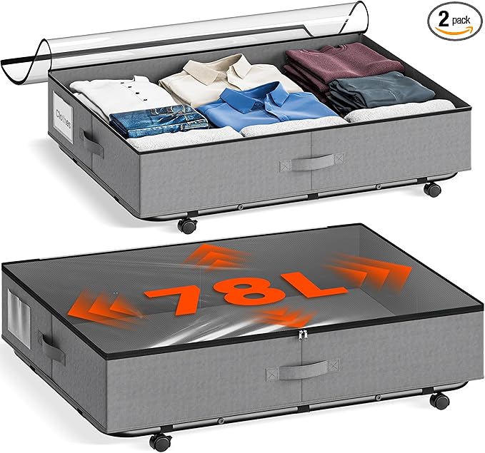 XXXL 78L Under Bed Storage with Wheels, Rolling Storage Containers with Support & Clear Lid, Heavy-Duty Metal Frame, Easy Pull-out, Underbed Storage Bins for Clothes, Shoes, Blankets, and Toys 2 pack