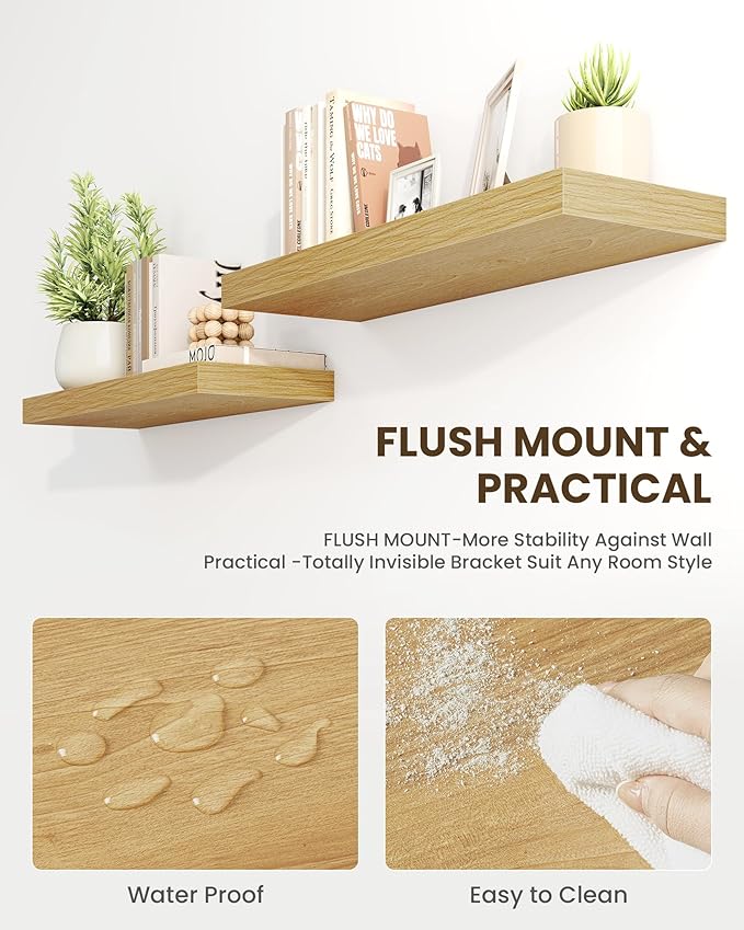 Marsmiles 32" Floating Shelves for Wall, Wooden Shelves with Invisible Brackets Set of 2, Rustic Farmhouse Wall Mounted Shelf for Kitchen Bathroom Living Room Study, Natural Oak