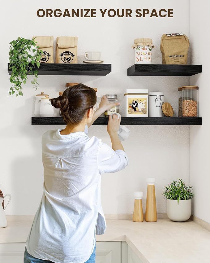 Marsmiles 40" Floating Shelves for Wall, Wooden Shelves with Invisible Brackets Set of 2, Rustic Farmhouse Wall Mounted Shelf for Kitchen Bathroom Living Room Study, Black