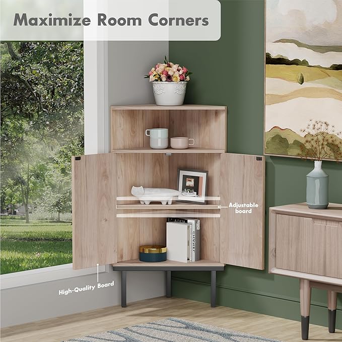 Yechen 39.7" Corner Storage Cabinet with Adjustable Shelf and Rattan Doors, Small Boho Corner Shelf Stand with Open Storage, Freestanding Cabinet for Bathroom, Living Room/Metal Legs/Natural Oak