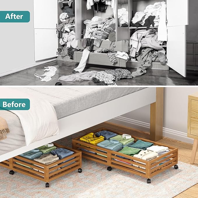 Wisuce Bamboo Under Bed Storage Containers- Underbed Organizer with Wheels with Large Dust Bag,Sturdy Wood Rolling Under the Bed Shoe Storage Organizer Drawer 2 Packs (Walnut, Long)