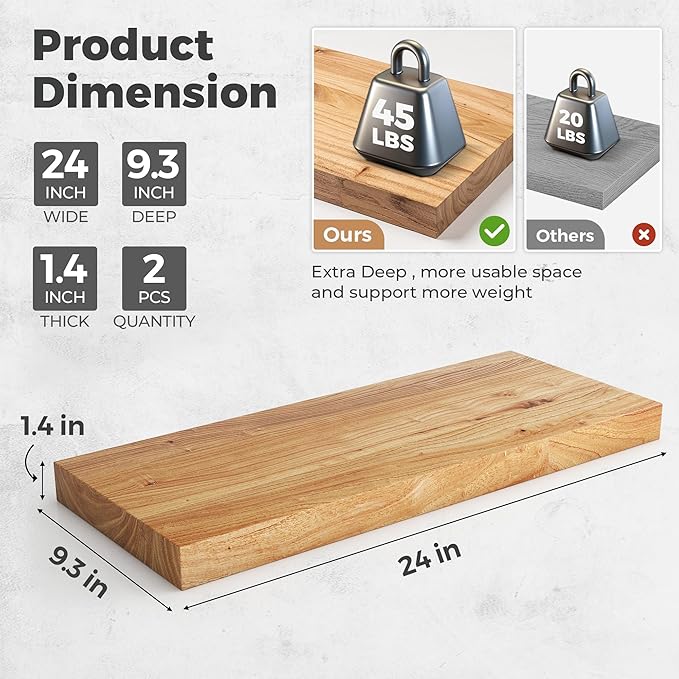 RICHFOCUS Elm Floating Shelves for Wall - 24" W x 9.3" D Rustic Solid Wood Shelves with Invisible Bracket, Wall-Mounted for Living Room, Bedroom, Kitchen Storage & Display, Set of 2, Natural