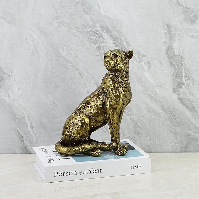 10-inch Antique Gold Leopard Sculpture - Resin Sitting Cheetah Figurine with Gold Dot Design, Art Deco Home Decor for Shelves & Office