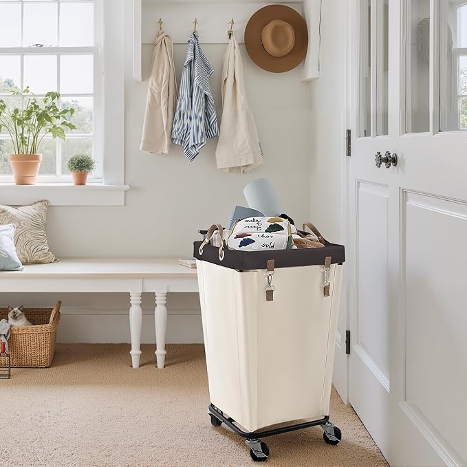 StorageWorks 110L Laundry Basket with Wheels, Large Rolling Hampers for Clothing Organizer, Dirty Clothes Basket for Hotel, Home, Closet, Dorm, Beige