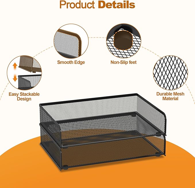 YINGHUA 2-Pack Metal Mesh Stackable Paper Letter Trays Organizer for Classroom,Office Desk File Sorter Holder Organizer Storage Box for Letter/A4 Size Folder Documents-Black