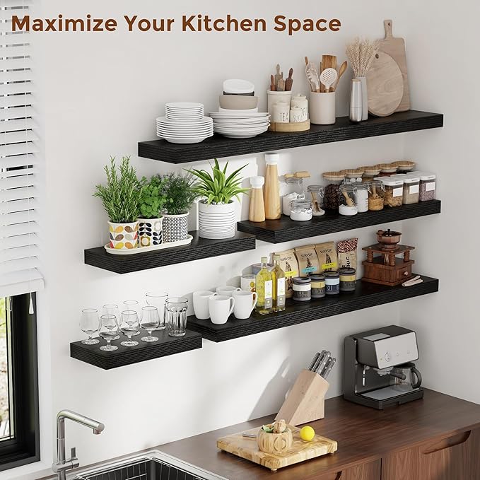 Heimlove 36 Inch Floating Shelves for Wall 8 Inch Deep Black Shelves Set of 2,Wall Mounted Rustic Wood Long Floating Shelf with Invisible Brackets for Bedroom Kitchen Living Room