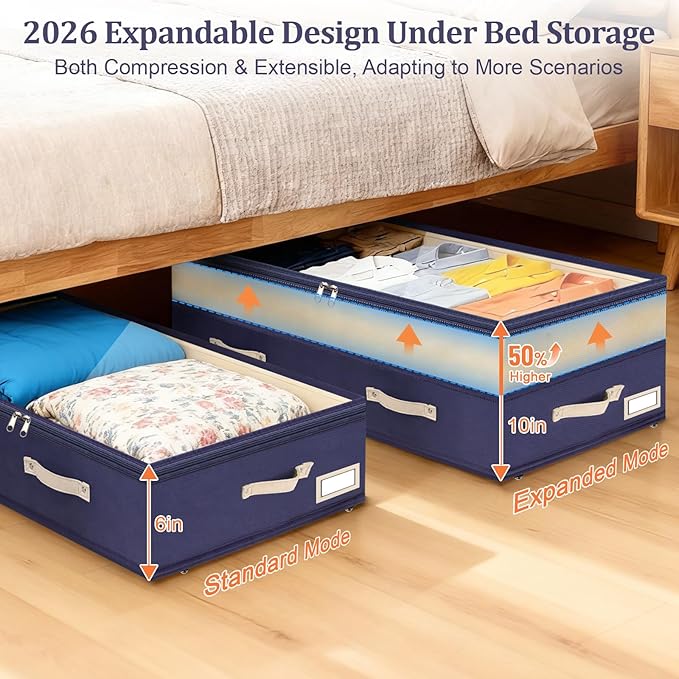 Dolicer 4 Pack Under Bed Storage with Wheels, 6in-10in Height Adjustable Underbed Storage Containers, 92L XXXL Under Bed Drawers Rolling Bin with Clear Lids for Dorm Shoes Clothes Organizers(Blue)