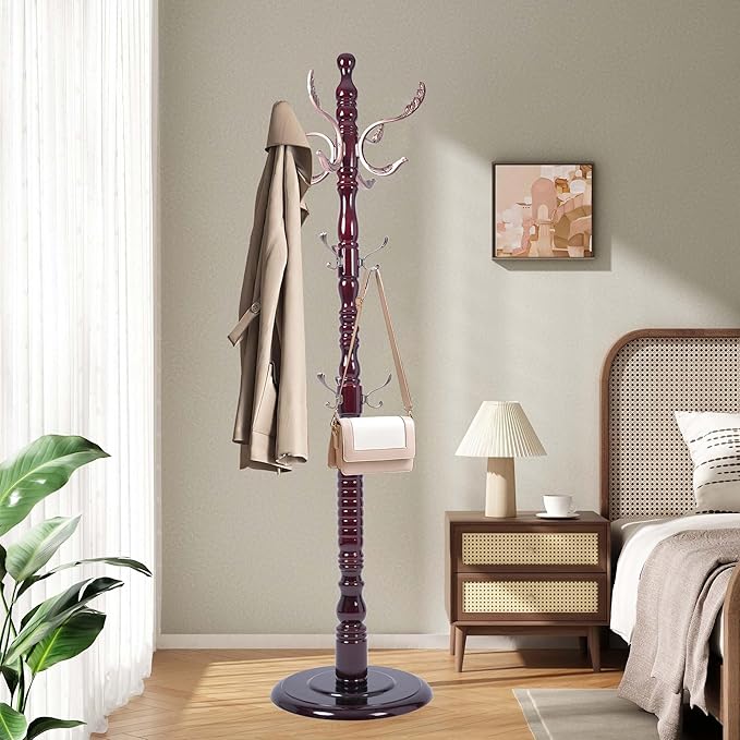 Wooden Coat Rack Freestanding, Vintage Solid Coat Hanger Stand 20 Hooks, Coat Tree Adjustable Height 73", Round Base, Coat Racks free standing for Entryway Hallway, Porch, Bedroom